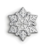 Snowflake cake pan from above. Silver in color and snowflake shape and details.