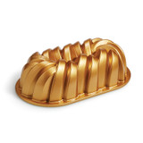 Braided Loaf Pan from the side. Pan is gold in color and has a woven design.