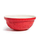 Red earthenware bowl with embossed image horses in front of trees and farm.
