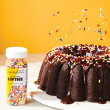 Deliciously Simple Chocolate Cake Mix, baked in the party bundt pan with Rainbow Softies Sprinkles