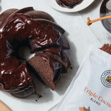 Chocolate fudge bundt cake made with triple cocoa blend