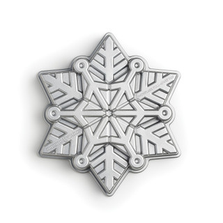 Snowflake cake pan from above. Silver in color and snowflake shape and details.
