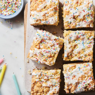 Birthday cake coffeecake with Rainbow Pop Nonpareils on top.