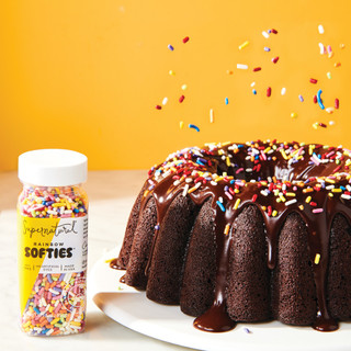 Deliciously Simple Chocolate Cake Mix, baked in the party bundt pan with Rainbow Softies Sprinkles