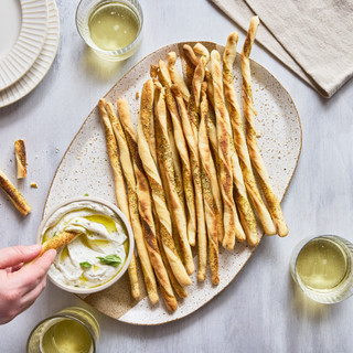 Grissini Bread Sticks with basil dip, made with Basil Oil