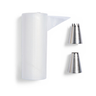 Roll of disposable pastry bags and two stainless steel piping tips, side by side.