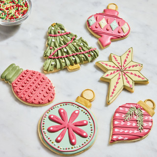 Decorated sugar cookies made with Vintage Ornaments Cookie Cutter Set