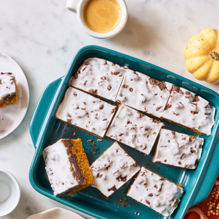 Chocolate pumpkin crumb cake made in the Ceramic Square Pan