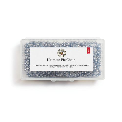 Ultimate Pie Chain in clear storage case with the lid closed. Label with Ultimate Pie Chain on front