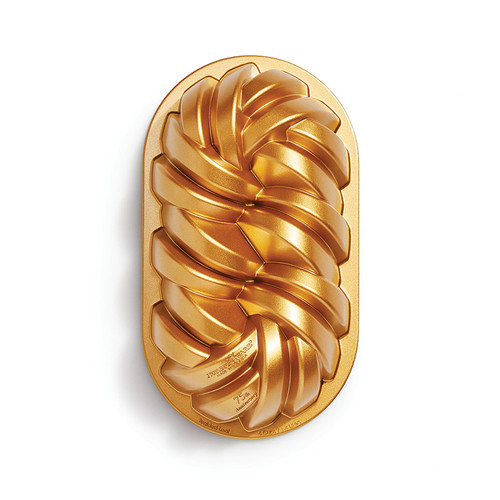 Braided Loaf Pan from the top. Pan is gold in color and has a woven design.