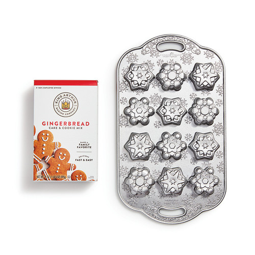 Gingerbread Cake mix and Frosty Snowflakes Cakelette Pan side by side
