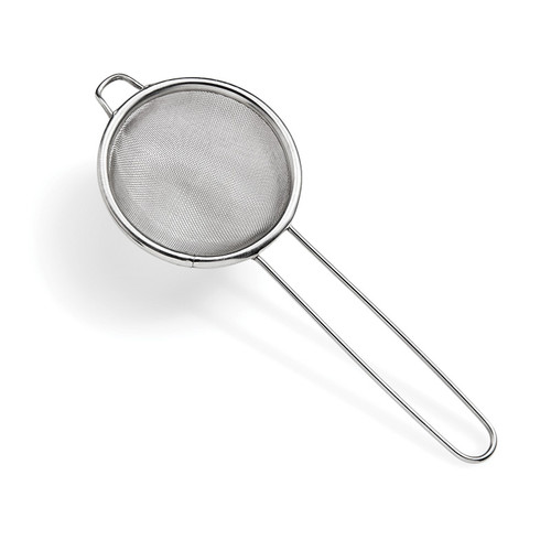 Stainless steel duster with fine mesh round in shape with handle. View from the top.