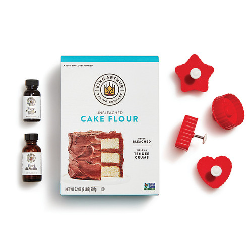 Fiori Thumbprint Meltaways Bundle including box of Unbleached Cake Flour, Pure Vanilla Extract, Fiori Di Sicilia, and red Thumbprint Pop Out Cutters – Set of 4: Heart, Square, Circle, and Star