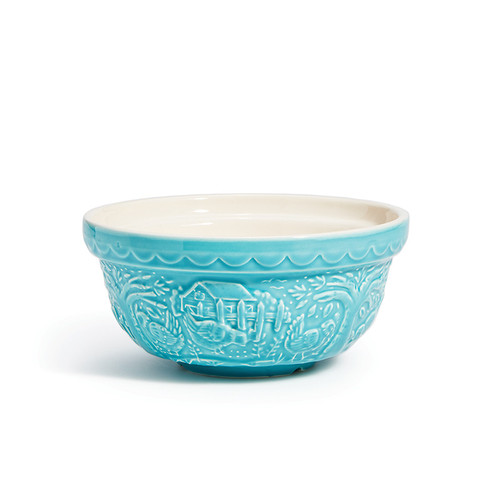 Blue earthenware bowl with embossed chickens in from of farmyard.