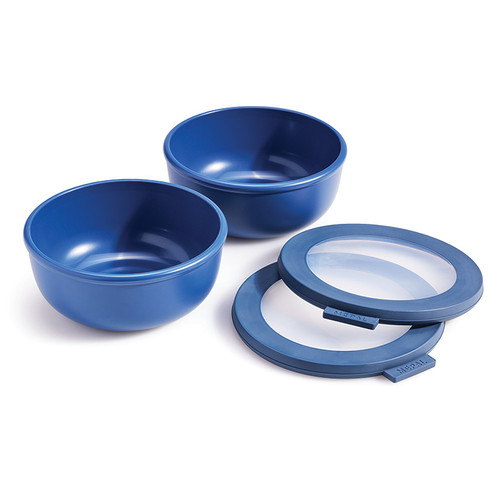 Pizza Proofing Bowl Set with lids off, in blue
