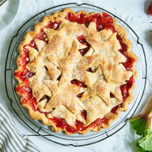 Strawberry rhubarb pie made with Blake Hill Strawberry Rhubarb Pie Filling.