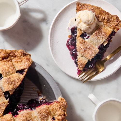 Blue Ribbon Blueberry Pie with lattice crust made with Blake Hill Wild Blueberry Pie Filling.