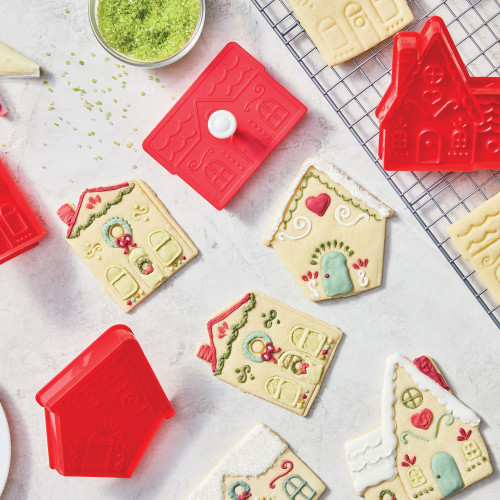 Decorated cookies from the Holiday Houses Pop-Out Cutter Set