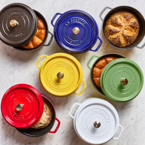 Staub 4 QT Dutch Oven is graphite grey, dark blue, red, citron, pistachio, white,