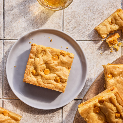 One blondie on a plate made with Butterscotch Blondie Mix
