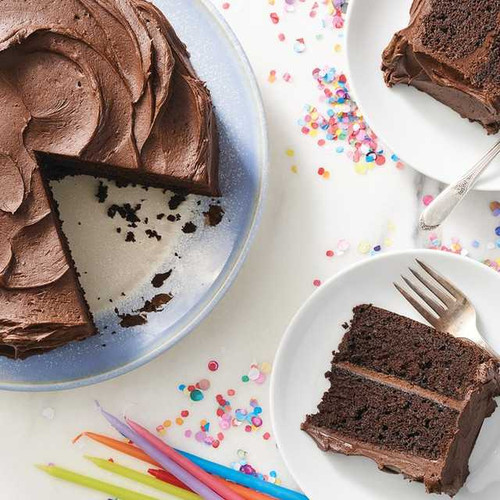 Deliciously Simple Chocolate Cake mix and Chocolate Buttercream Frosting Mix baked as a birthday cake