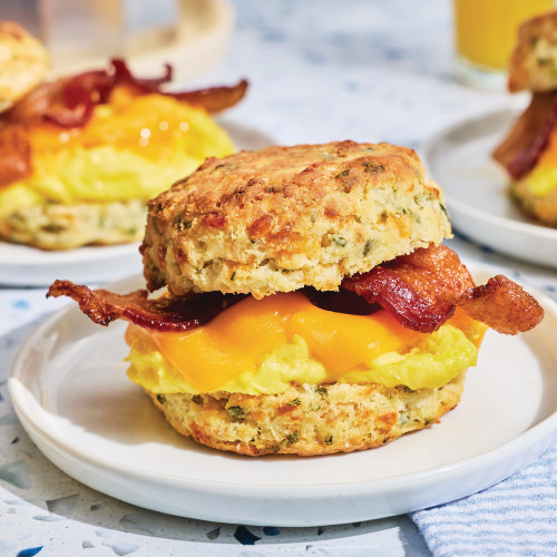 Breakfast biscuit made with Cheddar Chive Biscuit & Scone Mix using the round biscuit cutters