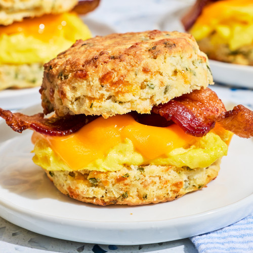 Breakfast sandwich made with Cheddar Chive Biscuit Mix & Cutters Set