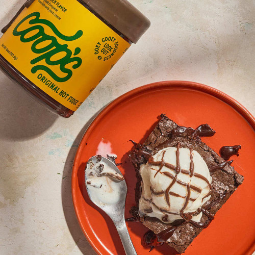 Coop's Original Hot Fudge with a brownie sundae