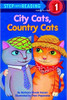 City cats and country cats engage in typical activities, including riding bicycles, selling peanuts, driving tractors, and feeding hens.