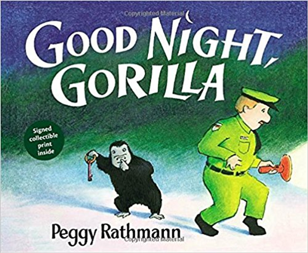 At bedtime, the little gorilla cleverly grabs the zookeeper's keys and frees a parade of animals to follow the keeper home to bed. The zookeeper's wife returns them all--or does she?