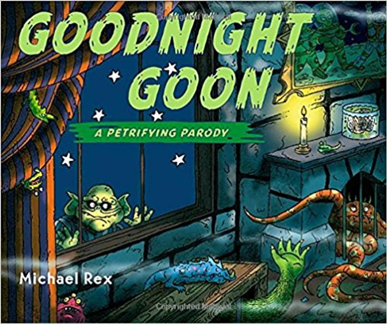 Goodnight tomb. Goodnight goon. Goodnight Martians taking over the moon.
It's bedtime in the cold gray tomb with a black lagoon, and two slimy claws, and a couple of jaws, and a skull and a shoe and a pot full of goo. But as a little werewolf settles down, in comes the Goon determined at all costs to run amok and not let any monster have his rest.