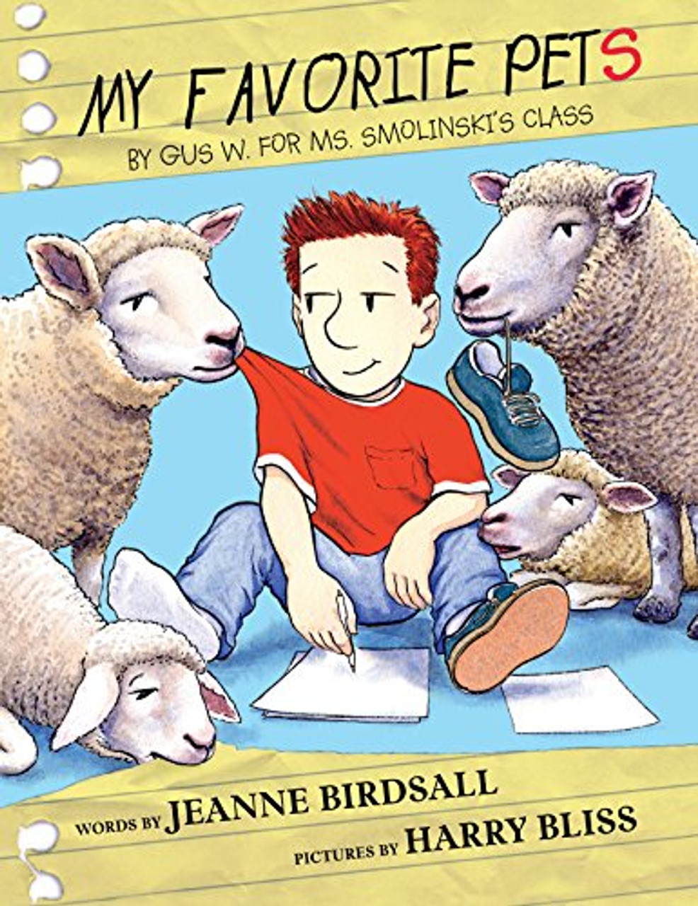 In his homework assignment, Gus spends less time on what he likes about sheep and more on how he has gotten in trouble doing such things as using a sheep as an umbrella, or letting sheep into his house.