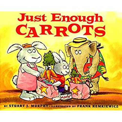 While a bunny and his mother shop in a grocery store for lunch guests, the reader may count and compare the amounts of carrots, peanuts, and worms in the grocery carts of other shoppers.