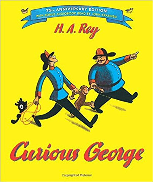 In this, the original book about the curious monkey, George is taken from the jungle by the man in the yellow hat to live in a new home, but--oh, what happened! Though trying to be good, George is still very curious and takes a swim in the ocean, escapes from jail, and goes for a flying ride on a bunch of balloons. Thistreasured classic is where it all began for the curious, loveable monkey and is a must have for any children's book collection.