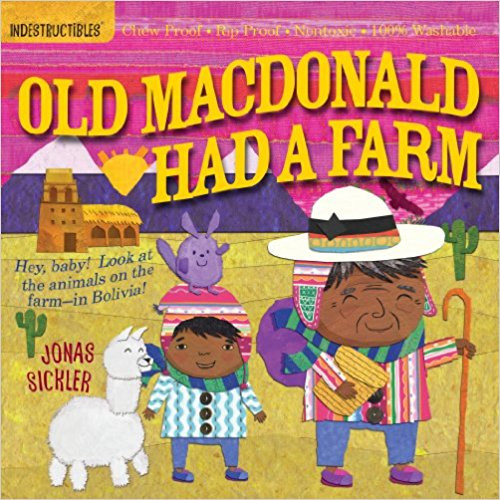 The book offers a multicultural twist on a classic nursery rhyme -- Old MacDonald Had a Farm, set in Bolivia is full of llamas, alpacas, sheep, and cows. The text for the nursery rhyme is printed on the back cover.