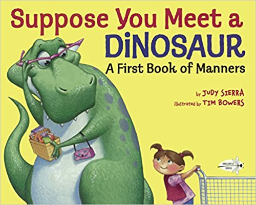 A little girl is shopping in a grocery store when she meets a dinosaur. Don't worry. The dinosaur is very friendly. She's polite, too. In this funny story, told in lilting read-aloud rhyme, the girl has numerous opportunities to be helpful to the clumsy shopping dino and demonstrate when to say "thank you," "excuse me," "I'm sorry," "You're welcome," and other niceties of life. Tim Bowers's whimsical illustrations bring an extra dimension of fun to Judy Sierra's hilarious picture book fantasy. Altogether, "Suppose You Meet a Dinosaur" is an entertaining and painless way to show preschoolers why basic manners are a good thing to have.