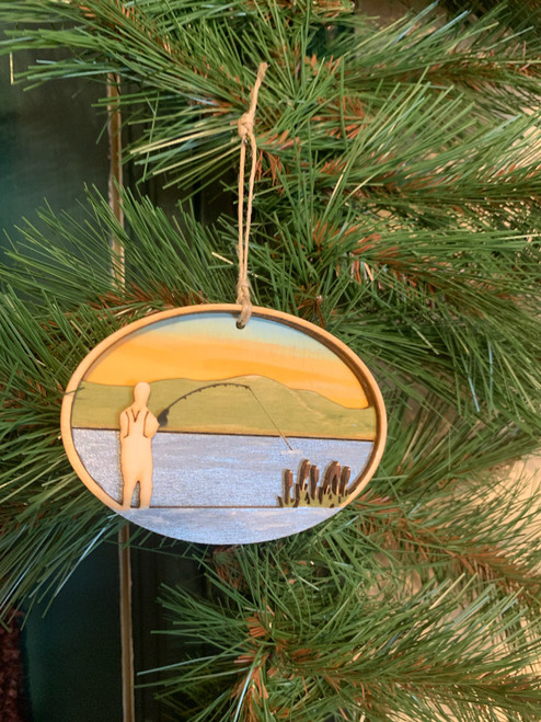 Hand-painted Wooden Ornament- Fly Fishing 