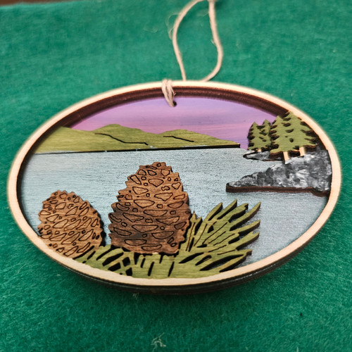 Hand-painted Wooden Ornament- Pinecones at the Lake