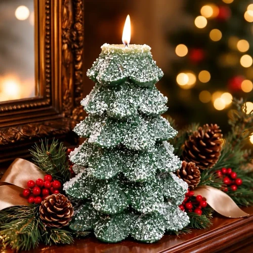 Green Christmas Tree with Glitter Moving Flame Led Candle 