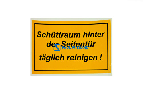 Aufkleber HS Fahrzeugbau Seitenlader "Schüttraum hinter der Seitentür täglich reinigen" l: 95 b: 60 (05017234)