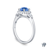 14K White Gold Petal Designed Shank with Intricate Halo Accents Engagement Ring Blue Sapphire Side View