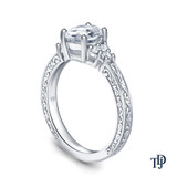 14K White Gold Adorned Scroll Engarving Trio Diamond Engagement Ring Semi Mount Side View