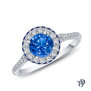 14K White Gold Vibrant Sapphires and Halo Diamond Accents Setting Blue Sapphire Top View