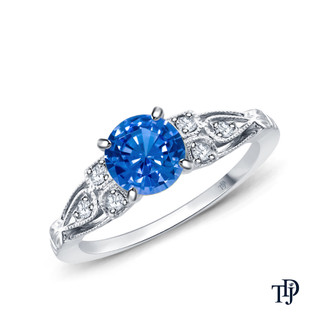 14K White Gold A Vintage Milgrain Style Diamond Engagement Ring Blue Sapphire Top View
