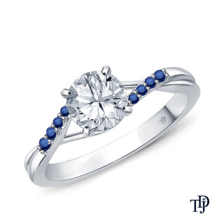Delicate Tapered Pave Sapphire Engagement Ring with Center Diamond Top View White Gold