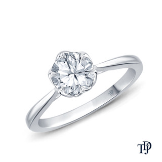 White Gold Solitaire Ring Claw Prong Flower Petal Basket Design with Center Diamond Top View