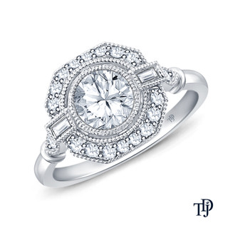 14K White Gold Baguette & Round Accents Antique Diamond Engagement Ring 0.25ct Center Diamond Top View