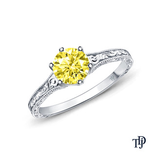 14K White Gold A Truly Vintage Hand Engraved Milgrain Engagement Setting Yellow Sapphire Top View