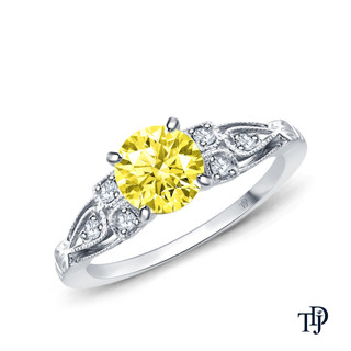 14K White Gold A Vintage Milgrain Style Diamond Engagement Ring Yellow Sapphire Top View