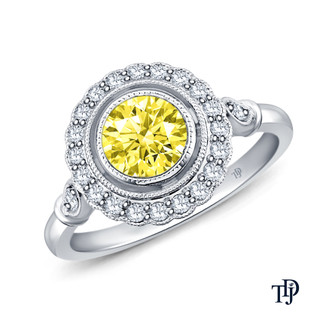 14K White Gold Halo Accents With Intricate Milgrain Design Setting Yellow Sapphire Top View